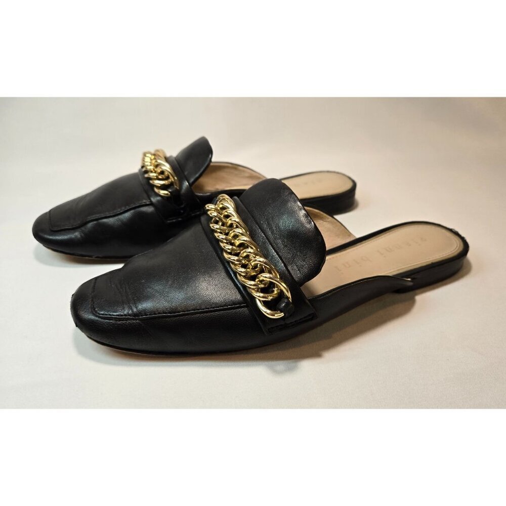 Gianni Bini Black Flat Mule Slip-On Gold Chain Sz 7 Leather Embellished Career